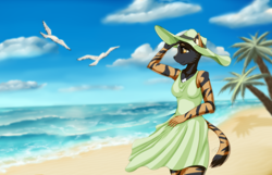 Size: 1674x1080 | Tagged: safe, artist:shamziwhite, bird, cat, feline, mammal, seagull, anthro, beach, clothes, female, hat, ocean, sand, smiling, solo, solo female, summer dress, water