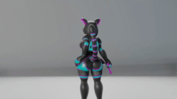 Size: 1280x720 | Tagged: safe, artist:jesterkatz, oc, oc:rita gear, android, fictional species, mammal, robot, anthro, 3d, 3d animation, animated, backpack, blaster, blender, blender eevee, bottomwear, butt, clothes, energy weapon, female, funny, gun, hair, headphones, latex, leather, purple eyes, simple background, skirt, slapstick, sound, tail, tail wag, watch, weapon, webm