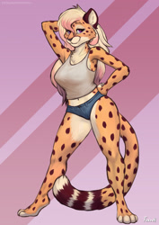 Size: 905x1280 | Tagged: safe, artist:foxovh, oc, oc only, oc:alexandra (velocitycat), cheetah, feline, mammal, anthro, bedroom eyes, big breasts, bottomwear, breasts, chest fluff, clothes, cream body, cream fur, crop top, ear fluff, eyebrows, eyelashes, female, fluff, fur, hair, jean shorts, long hair, looking at you, multicolored fur, orange body, orange fur, short shorts, shorts, smiling, smiling at you, solo, solo female, spotted fur, tail, tail fluff, tank top, thick thighs, thighs, topwear