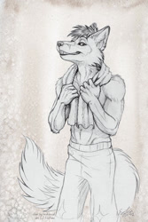 Size: 602x900 | Tagged: safe, artist:eosfoxx, canine, fox, mammal, anthro, bottomwear, clothes, male, pants, solo, solo male, towel
