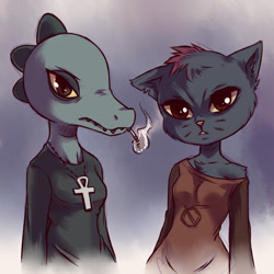 Size: 1200x1200 | Tagged: safe, artist:plague of gripes, bea santello (nitw), mae borowski (nitw), cat, crocodile, crocodilian, feline, mammal, reptile, anthro, cc by-nc, creative commons, night in the woods, abstract background, breasts, cigarette, clothes, duo, female, smoking