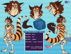 Size: 6500x5000 | Tagged: safe, artist:marykimer, oc, big cat, feline, fictional species, mammal, sergal, tiger, abstract background, absurd resolution, brown hair, commission, complete nudity, cream body, cream fur, featureless crotch, full body, fur, glasses, hair, headshot, male, nudity, orange body, orange fur, reference sheet, sharp teeth, soles, standing, striped fur, tail, teeth