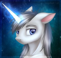 Size: 2160x2057 | Tagged: safe, artist:megabait, oc, oc only, equine, fictional species, mammal, pony, unicorn, ambiguous form, friendship is magic, hasbro, my little pony, bust, female, glowing, glowing horn, high res, horn, mare, portrait, solo, solo female