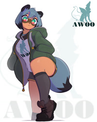 Size: 1024x1280 | Tagged: safe, artist:pudge ruffian, michiru kagemori (bna), canine, mammal, raccoon dog, anthro, bna: brand new animal, 2020, awoo, black nose, bottomwear, breasts, clothes, digital art, ears, eyelashes, female, fur, gloves (arm marking), hand on pocket, jacket, looking at you, mask (facial marking), multicolored eyes, pose, shirt, shoes, shorts, simple background, socks, solo, solo female, tail, thighs, topwear, two toned eyes, wide hips