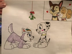 Size: 4032x3024 | Tagged: safe, artist:ejlightning007arts, chase (paw patrol), everest (paw patrol), marshall (paw patrol), skye (paw patrol), canine, cockapoo, dalmatian, dog, german shepherd, mammal, nordic sled dog, feral, nickelodeon, paw patrol, black body, black fur, blushing, brown body, brown fur, bust, christmas, clothes, collar, eyelashes, female, fur, hat, heart, holiday, irl, looking at each other, male, male/female, mistletoe, one eye closed, open mouth, paws, photo, photographed artwork, picture-in-picture, purple body, purple fur, sitting, skyechase (paw patrol), smiling, spotted fur, tail, tan body, tan fur, tongue, tongue out, traditional art, white body, white fur, winking