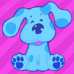 Size: 800x800 | Tagged: safe, artist:jungabeast, blue (blue's clues), canine, dog, mammal, feral, blue's clues, nickelodeon, blue body, blue fur, eyes closed, female, fur, paw pads, paws, solo, solo female, striped background, tongue, tongue out