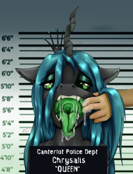 Size: 1650x2160 | Tagged: safe, artist:shamziwhite, queen chrysalis (mlp), arthropod, changeling, equine, fictional species, human, mammal, anthro, friendship is magic, hasbro, my little pony, anthrofied, black body, bust, colored tongue, eyelashes, eyeshadow, female, finger in mouth, front view, green tongue, hair, horn, long tongue, makeup, maw, mawshot, offscreen character, open mouth, portrait, prisoner, saliva, saliva trail, solo, solo female, spread mouth, teeth, tongue, tongue out