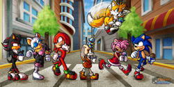 Size: 1280x640 | Tagged: safe, artist:classicreview, amy rose (sonic), cheese (sonic), cream the rabbit (sonic), knuckles the echidna (sonic), miles "tails" prower (sonic), rouge the bat (sonic), shadow the hedgehog (sonic), sonic the hedgehog (sonic), bat, canine, chao, echidna, fictional species, fox, hedgehog, lagomorph, mammal, monotreme, rabbit, red fox, anthro, plantigrade anthro, sega, sonic the hedgehog (series), 2021, city, dipstick tail, female, fluff, food, group, ice cream, male, multiple tails, orange tail, quills, red tail, speedpaint available, tail, tail fluff, two tails, white tail