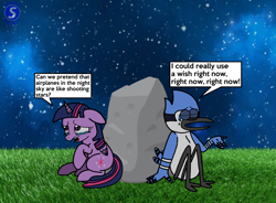 Size: 5101x3756 | Tagged: safe, artist:mikumikubases, artist:mrstheartist, mordecai (regular show), twilight sparkle (mlp), alicorn, bird, blue jay, corvid, equine, fictional species, jay, mammal, pony, songbird, anthro, digitigrade anthro, feral, cartoon network, friendship is magic, hasbro, my little pony, regular show, 2021, absurd resolution, anthro/feral, base used, crossover, crossover shipping, crying, duo, eyes closed, female, floppy ears, folded wings, grass, horn, interspecies, male, male/female, mare, mordetwi (mlp/regular show), night, rock, shipping, tail, teary eyes, wings