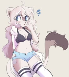 Size: 1500x1684 | Tagged: safe, artist:cat_citrus, oc, oc only, big cat, feline, lion, mammal, anthro, blue eyes, bottomwear, bra, breasts, brown body, brown fur, clothes, eyebrows, female, fur, hair, legwear, lioness, long hair, looking at you, midriff, shorts, simple background, solo, solo female, tail, tail tuft, thigh highs, underwear, white body, white fur