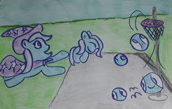 Size: 1280x816 | Tagged: safe, artist:dexstewart13, trixie (mlp), equine, fictional species, mammal, pony, unicorn, ambiguous form, feral, friendship is magic, hasbro, my little pony, ball, basketball, basketball court, basketball rim, bouncing, cape, clothes, female, hat, mare, morph ball, motion lines, outdoors, rolling, solo, solo female, traditional art