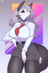 Size: 1095x1649 | Tagged: safe, artist:suigi, loona (vivzmind), canine, fictional species, hellhound, mammal, anthro, hazbin hotel, helluva boss, 2021, belt, big breasts, black nose, blushing, border, bottomwear, breasts, clothes, collar, colored sclera, ear fluff, ear piercing, earring, ears, eyebrows, eyelashes, eyeshadow, fangs, female, fluff, fur, gray body, gray fur, gray hair, hair, hand on hip, legwear, long hair, looking at you, makeup, multicolored fur, necktie, piercing, red sclera, sharp teeth, shirt, skirt, solo, solo female, tail, tail fluff, teeth, thick thighs, thigh highs, thighs, topwear, voluptuous, white body, white eyes, white fur, wide hips
