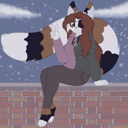 Size: 3000x3000 | Tagged: safe, artist:calibykitty, oc, oc only, oc:amber, calico, cat, feline, mammal, anthro, brick wall, brown eyes, clothes, cloud, ear fluff, female, fluff, fur, gesture, hair, high res, long hair, long tail, looking at you, multicolored body, multicolored fur, multicolored tail, night, night sky, one eye closed, outdoors, paws, peace sign, simple background, sitting, sitting on wall, sky, smiling, smiling at you, solo, solo female, stars, tail, tail fluff, winking