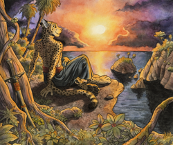 Size: 1668x1400 | Tagged: safe, artist:0laffson, cheetah, feline, mammal, anthro, bottomwear, clothes, ears, fur, male, palm tree, pants, paw pads, paws, plant, sitting, solo, solo male, spotted fur, sunset, sword, tail, traditional art, tree, weapon