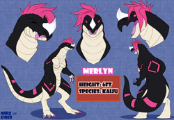 Size: 6500x4500 | Tagged: safe, artist:marykimer, fictional species, kaiju, reptile, semi-anthro, absurd resolution, black body, breasts, claws, commission, female, full body, hair, headshot, pink body, pink hair, reference sheet, reptile feet, scales, sharp teeth, solo, solo female, teeth, white scales