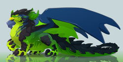 Size: 2000x1016 | Tagged: safe, artist:dinkysaurusart, oc, dragon, fictional species, reptile, feral, 2021, adoptable, ambiguous gender, black body, blue body, claws, colored tongue, digital art, green body, horns, long tail, reflection, side view, solo, solo ambiguous, spines, standing, tail, tongue, webbed wings, wings, yellow eyes, yellow tongue