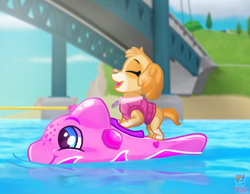 Size: 1920x1490 | Tagged: safe, artist:rainbow eevee, skye (paw patrol), canine, cetacean, cockapoo, dog, dolphin, mammal, cc by-nc, creative commons, nickelodeon, paw patrol, bridge, collar, cute, digital art, eyes closed, female, happy, hills, inflatable toy, life jacket, ocean, open mouth, smiling, solo, solo female, toy, tree, water