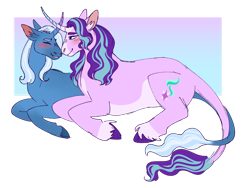 Size: 1280x960 | Tagged: safe, artist:literal-forest-fire, starlight glimmer (mlp), trixie (mlp), classical unicorn, equine, fictional species, mammal, pony, unicorn, feral, friendship is magic, hasbro, my little pony, 2021, blushing, curved horn, duo, duo female, female, female/female, females only, feral/feral, hooves, horn, looking at each other, lying down, nuzzling, prone, shipping, sitting, smiling, startrix (mlp), tail, unshorn fetlocks