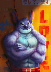 Size: 3508x4961 | Tagged: safe, artist:thebrstory, stitch (lilo & stitch), alien, experiment (lilo & stitch), fictional species, anthro, disney, lilo & stitch, 2021, absurd resolution, anthrofied, bara, black claws, claws, crossed arms, ears, english text, japanese text, male, muscles, muscular male, partial nudity, smiling, solo, solo male, standing, topless, torn ear