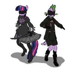 Size: 975x922 | Tagged: safe, anonymous artist, 2b (nier:automata), 9s (nier:automata), spike (mlp), twilight sparkle (mlp), dragon, equine, fictional species, mammal, pony, unicorn, anthro, friendship is magic, hasbro, my little pony, nier:automata, square enix, 2b9s (nier:automata), anthrofied, blindfold, bottomwear, clothes, cosplay, crossover, duo, female, male, male/female, pants, shipping, skirt, twispike (mlp)