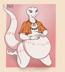 Size: 1875x2048 | Tagged: safe, artist:dynamoultimo, crusch lulu (overlord), lizard, reptile, anthro, overlord (light novel), big belly, female, kneeling, pregnant, solo, solo female, tail