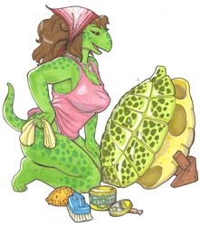 Size: 1132x1280 | Tagged: safe, artist:iggi, oc, oc:cecily turtle (iggi), reptile, turtle, anthro, barefoot, big breasts, breasts, cleaning, cleavage, feet, female, foulard, shell, solo, solo female, toes