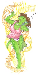 Size: 656x1280 | Tagged: safe, artist:iggi, oc, oc:cecily turtle (iggi), reptile, turtle, anthro, barefoot, big breasts, breasts, cell phone, cleavage, dancing, feet, female, happy, music, phone, solo, solo female, toes