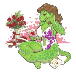 Size: 1280x1247 | Tagged: safe, artist:iggi, oc, oc:cecily turtle (iggi), reptile, turtle, anthro, barefoot, big breasts, bouquet, breasts, chocolate, cleavage, clothes, feet, female, flower, food, holiday, love letter, solo, solo female, swimsuit, toes, valentine's day