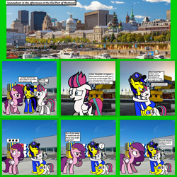 Size: 1920x1920 | Tagged: safe, artist:mrstheartist, pipp petals (mlp), zipp storm (mlp), oc, oc:ponyseb 2.0, equine, fictional species, mammal, pegasus, pony, feral, comic:ponyseb 2.0 meets zipp storm at montreal, friendship is magic, hasbro, my little pony, my little pony g5, spoiler, spoiler:my little pony g5, angry, annoyed, base used, building, cap, clothes, comic, female, front view, group, hat, hoodie, hug, montreal, ponies in quebec, ponies in real life, royal sisters (g5), siblings, sister, sisters, speech bubble, topwear, trio