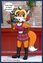 Size: 1352x2005 | Tagged: safe, artist:veronica-skunkette, canine, fox, mammal, anthro, big breasts, breasts, cigarette, cleavage, female, solo, solo female, spanish text, translation request, vicki fox (michael russell), video game, vixen, zephy fox (vicki fox)