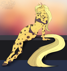 Size: 1000x1070 | Tagged: safe, artist:sunny way, oc, oc only, equine, horse, mammal, anthro, belly, blonde hair, blonde mane, bra, clothes, commission, cute, digital art, female, fur, hair, hooves, long hair, mane, mare, panties, pinup, sexy, signature, solo, solo female, spotted fur, tail, underwear