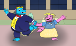 Size: 2000x1200 | Tagged: safe, artist:fantasyboyce2021, cassie (dragon tales), ord (dragon tales), dragon, fictional species, western dragon, semi-anthro, dragon tales, pbs, bow, bow tie, clothes, crown, dancing, dragon badge, dragoness, dress, duo, female, holding, holding hands, jewelry, male, regalia, suit, tailcoat, tuxedo