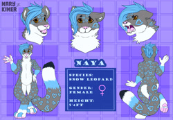 Size: 5000x3462 | Tagged: safe, artist:marykimer, big cat, feline, mammal, snow leopard, anthro, digitigrade anthro, black body, black fur, blue body, blue fur, blue hair, commission, fangs, female, fluff, front view, full body, fur, gray body, gray fur, hair, headshot, multicolored fur, neck fluff, open mouth, paw pads, paws, pink nose, rear view, reference sheet, sharp teeth, teeth, underpaw, white body, white fur