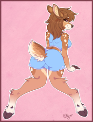 Size: 1912x2500 | Tagged: suggestive, alternate version, artist:ketty, oc, oc only, oc:eri (feral.), cervid, deer, mammal, white-tailed deer, anthro, unguligrade anthro, 2021, abstract background, border, bottomwear, breasts, brown body, brown eyes, brown fur, brown hair, butt, clothes, cloven hooves, commission, cream body, cream fur, dewclaw, doe, ear fluff, ear piercing, eyebrows, eyelashes, female, fingerless (marking), fluff, fur, furgonomics, hair, hooves, leg fluff, long hair, looking at you, looking back, looking back at you, piercing, rear view, rearboob, short tail, shorts, shoulder fluff, smiling, solo, solo female, spots, tail, tail fluff, tail hole, tan body, tan fur, topwear, ych result
