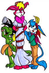 Size: 815x1209 | Tagged: safe, artist:driprat, lagomorph, lizard, mammal, rabbit, reptile, anthro, bondage, bored, clothes, dress, feathers, female, group, male, native american, pole, puffy sleeves, rope, stake, tied up, tomahawk, trio