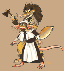 Size: 700x774 | Tagged: safe, artist:mayonnaise-face, mammal, mouse, rodent, anthro, duo, female, holiday, native american, pilgrim, thanksgiving, tomahawk