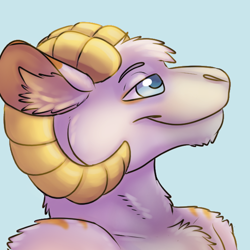 Size: 600x600 | Tagged: safe, artist:thatblackfox, bovid, caprine, mammal, sheep, anthro, blue eyes, curled horns, fur, gold, horns, male, ram, side view, smiling, white body, white fur