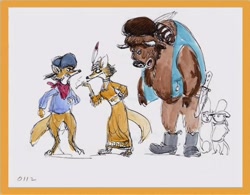Size: 592x462 | Tagged: source needed, safe, little john (robin hood), maid marian (robin hood), robin hood (robin hood), bovid, buffalo, canine, coyote, mammal, anthro, disney, robin hood (disney), calumet, concept art, cowboy, feather, female, group, male, native american, pipe, sketch dump, traditional art, trapper