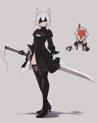 Size: 3072x3840 | Tagged: safe, artist:千歳茶 幽時, 2b (nier:automata), momiji inubashiri (touhou), pod 042 (nier:automata), animal humanoid, canine, fictional species, mammal, robot, wolf, humanoid, nier:automata, square enix, touhou, blindfold, bottomwear, clothes, cosplay, crossover, female, female focus, high res, skirt, solo focus, sword, weapon