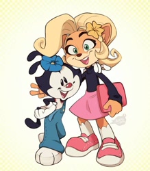 Size: 836x956 | Tagged: safe, artist:alaynakgray, coco bandicoot (crash bandicoot), dot warner (animaniacs), animaniac (species), bandicoot, fictional species, mammal, marsupial, anthro, animaniacs, crash bandicoot (series), warner brothers, bottomwear, clothes, crossover, duo, duo female, female, females only, flower, flower in hair, hair, hair accessory, laptop, skirt