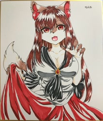 Size: 1022x1200 | Tagged: safe, artist:瑠璃燕＠c100 つ13b, kagerou imaizumi (touhou), canine, mammal, wolf, anthro, touhou, anthrofied, brown body, brown fur, clothes, dress, female, fur, kemono, solo, solo female