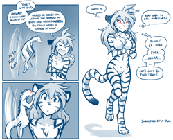 Size: 1582x1280 | Tagged: safe, artist:twokinds, flora (twokinds), nora (twokinds), dragon, feline, fictional species, keidran, mammal, anthro, twokinds, breast expansion, fusion, horns, nudity