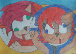 Size: 1280x919 | Tagged: safe, artist:spaton37, amy rose (sonic), princess sally acorn (sonic), hedgehog, mammal, rodent, squirrel, ambiguous form, archie sonic the hedgehog, sega, sonic the hedgehog (series), 2021, ball, barefoot, dizzy, duo, duo female, female, females only, irl, morph ball, photo, photographed artwork, traditional art, transformation