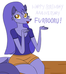 Size: 1208x1351 | Tagged: safe, artist:happyb0y95, furbooru exclusive, astra, canine, fox, mammal, anthro, plantigrade anthro, 2021 furbooru anniversary, furbooru, 2021, 5 fingers, anniversary, bench, birthday, bottomwear, breasts, cheek fluff, cleavage, clothes, ear fluff, eyelashes, fangs, female, fluff, fur, hair, happy birthday furbooru, long hair, looking at you, meta, multicolored tail, open mouth, purple body, purple fur, purple hair, purple nose, purple tail, sharp teeth, shirt, shorts, simple background, sitting, solo, solo female, tail, tail fluff, teeth, text, tongue, topwear, transparent background, vixen, whiskers, wood, yellow eyes