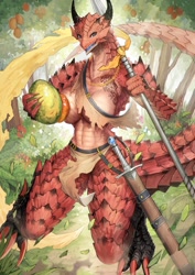 Size: 630x892 | Tagged: suggestive, artist:eguchi_tumoru, dragon, fictional species, anthro, breasts, clothes, female, horns, huge breasts, loincloth, muscles, muscular female, scabbard, scales, solo, solo female, spear, sword, tail, weapon