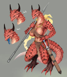 Size: 782x898 | Tagged: suggestive, artist:eguchi_tumoru, dragon, fictional species, anthro, breasts, clothes, featureless breasts, female, horns, huge breasts, loincloth, muscles, muscular female, scabbard, scales, solo, solo female, spear, sword, tail, weapon