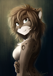 Size: 1248x1800 | Tagged: safe, artist:twokinds, kat (twokinds), fictional species, keidran, mammal, anthro, twokinds, 2020, black nose, blue eyes, breasts, brown body, brown fur, brown hair, bust, chest fluff, ear fluff, ears, eyebrows, eyelashes, featureless breasts, female, fluff, fur, gradient background, hair, looking at you, multicolored fur, portrait, pose, shoulder fluff, sideboob, smiling, smiling at you, solo, solo female, spots, spotted fur, white body, white fur