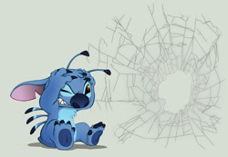 Size: 800x554 | Tagged: safe, artist:andrew dobson, stitch (lilo & stitch), alien, experiment (lilo & stitch), fictional species, disney, lilo & stitch, 2008, 4 fingers, 4 toes, antennae, back spines, black eyes, blue body, blue claws, blue fur, blue nose, blue paw pads, breaking the fourth wall, broken glass, chest fluff, claws, dipstick antennae, ears, fluff, fur, hand on head, head fluff, male, one eye closed, short tail, simple background, sitting, solo, solo male, tail, torn ear, watermark