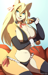 Size: 1926x3000 | Tagged: suggestive, artist:infinitedge, artist:purplelemons, collaboration, oc, oc only, oc:faeki (character), canine, fox, mammal, anthro, 2019, arm under breasts, big breasts, black nose, blonde hair, blue eyes, bra, breasts, chest fluff, cleavage, cleavage fluff, clothes, ear fluff, ears, eyebrows, eyelashes, fangs, female, fluff, fur, hair, jewelry, legwear, long hair, looking at you, multicolored fur, necklace, open mouth, open smile, orange body, orange fur, panties, sharp teeth, shoulder fluff, smiling, solo, solo female, tail, tail fluff, teeth, thick thighs, thigh highs, thighs, tongue, two toned body, two toned fur, underwear, vixen, voluptuous, wide hips