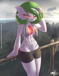 Size: 801x1025 | Tagged: suggestive, artist:rilexlenov, fictional species, gardevoir, humanoid, cc by-nc-sa, creative commons, nintendo, pokémon, abs, arm support, athletic, bottomwear, breasts, clothes, cloud, exercise, female, fence, front view, glowing, glowing eyes, hair, hand in hair, looking at you, muscles, muscular female, nature, outdoors, partial nudity, railing, red eyes, shoes, short shorts, shorts, solo, solo female, spikes, sweat, text, topless, touching hair, towel, towel around neck, white body